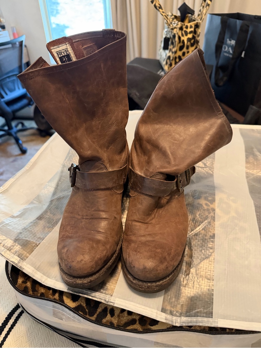 Frye Distressed Brown Leather Harness Boots Veronica short boot